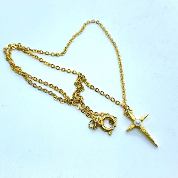 Dainty Gold Christian Cross Pearl Necklace - Picture 7 of 7